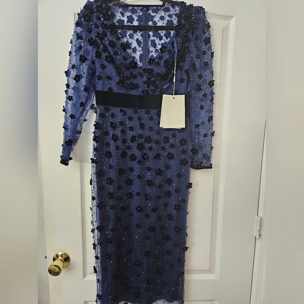 Mac Duggal Navy Embellished V Neck Illusion Long Sleeve Column Midi SZ 4 NWT - Picture 3 of 11